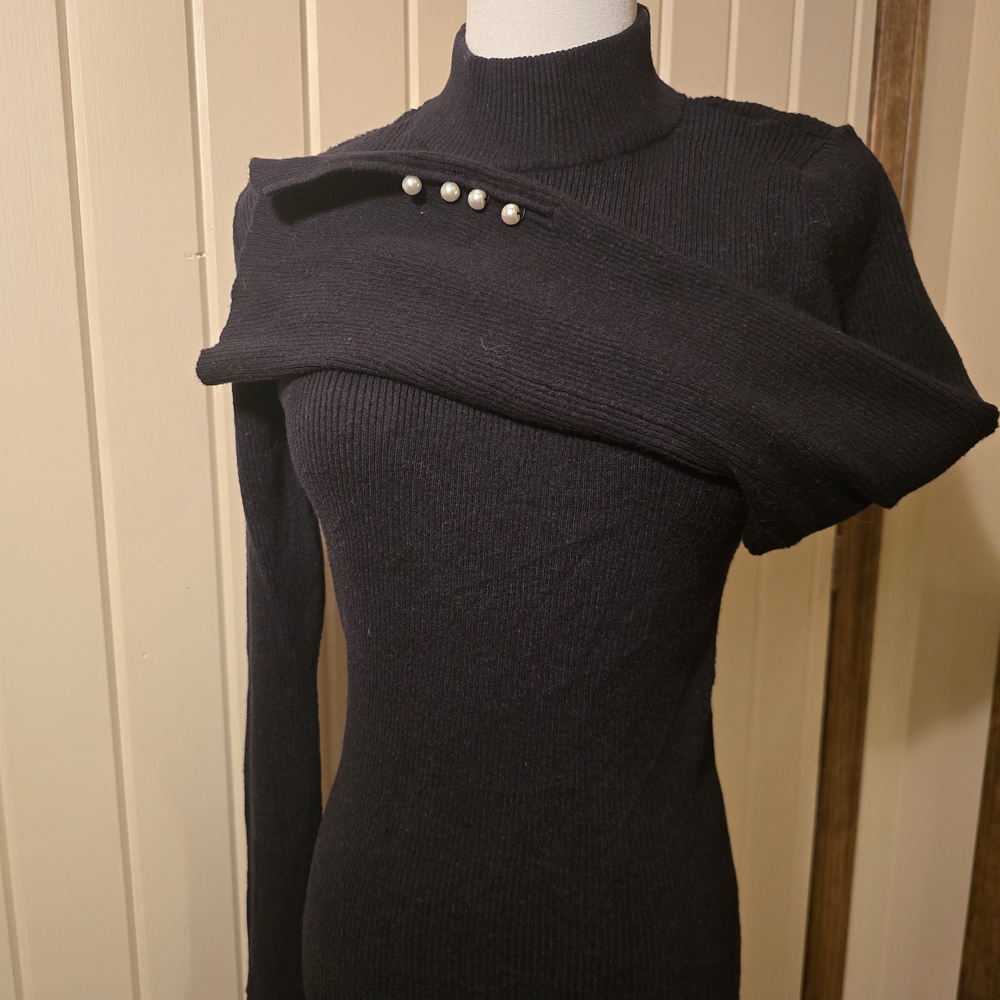 Ann Taylor Black Turtleneck Sweater with Pearl Accents